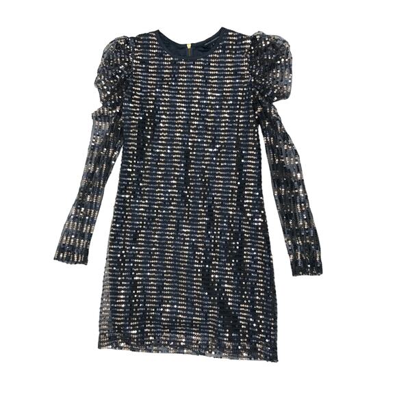 French Connection Blue Gold Sequins Sheer Sleeve Party Cocktail Dress Size 8 - Picture 1 of 9